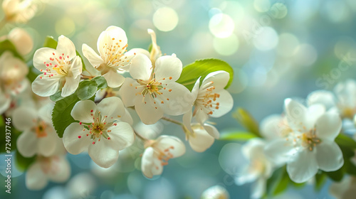 Branches of a blossoming apricot tree with soft focus in the sunlight  a beautiful spring floral image.