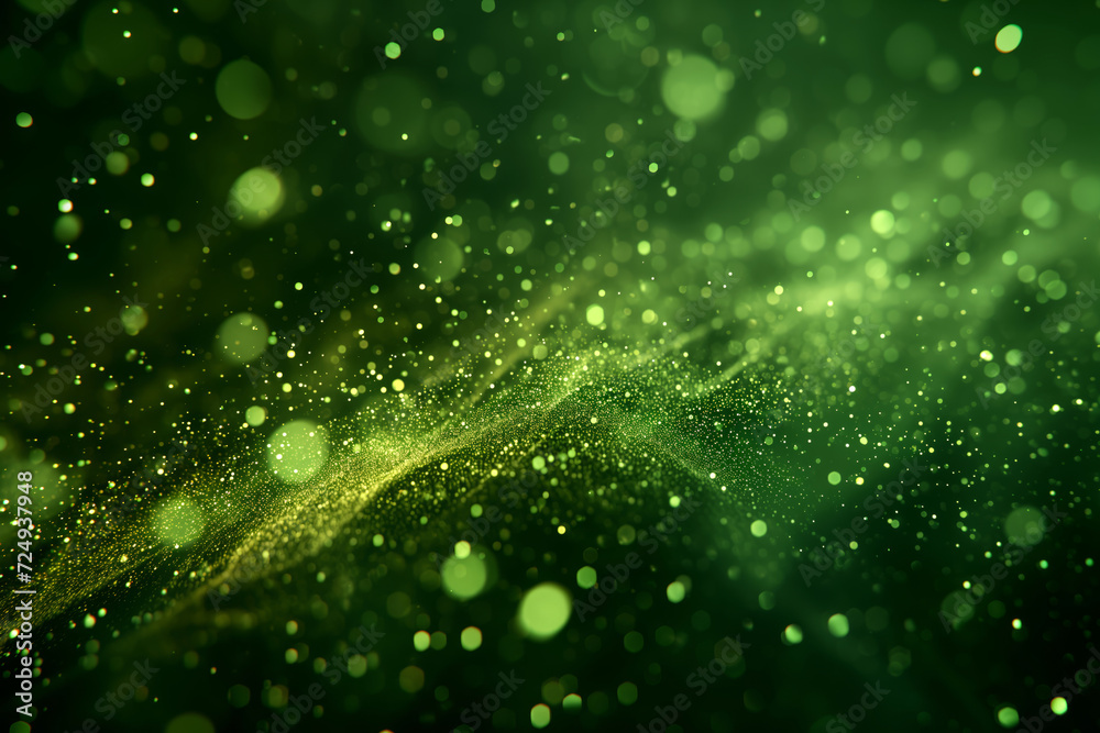 Abstract glittery banner with green shining particles on back background, sparkling light.