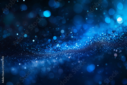 Abstract glittery banner with blue shining particles on back background, sparkling light. © MNStudio
