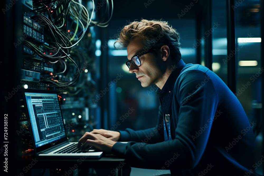 Experienced hacker in action breaking software protection server code Generative Ai image pic Experienced hacker in action breaking software protection server code Generative Ai image pic