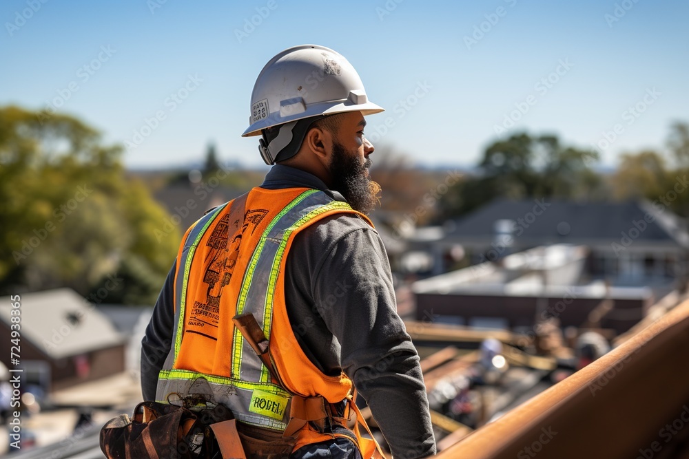 Witness the dedication of a construction worker wearing a safety uniform as they diligently work on the roof structure of a building at a bustling construction site Witness the dedication of a construction worker wearing a safety uniform as they diligently work on the roof structure of a building at a bustling construction site