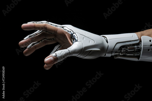 Picture of robotic arm with humanoid internal structure generative AI technology isolated on dark black color background