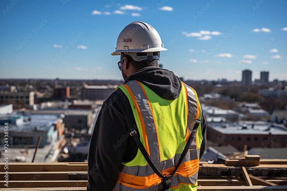Witness the dedication of a construction worker wearing a safety uniform as they diligently work on the roof structure of a building at a bustling construction site