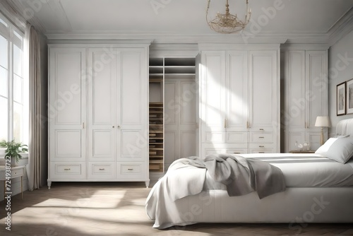Classic Colonial Master Bedroom Wardrobe, Vray Style, Neoclassical Simplicity, Contrasting Light and Shadow, Helene Knoop, Wood, Colonial White, Classic Modern photo