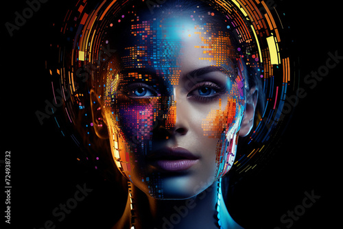 AI generated picture of beautiful female face with a bright neon colors filter isolated in dark background