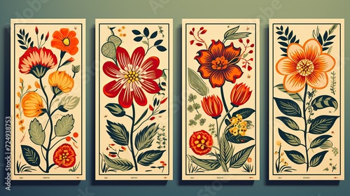 Vintage botanical prints with rich colors and floral diversity adorn a tranquil gallery