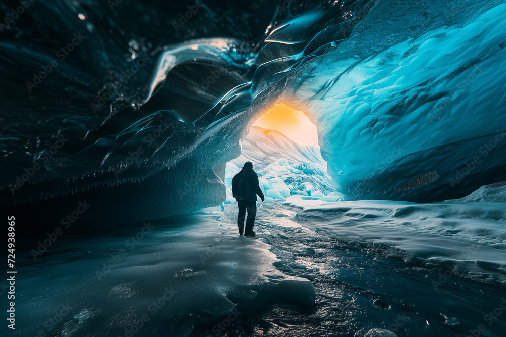 Fototapeta premium Young tourist admiring a view of spectacular Icelandic ice cave. Breathtaking landscape of Iceland. Hiking by foot.