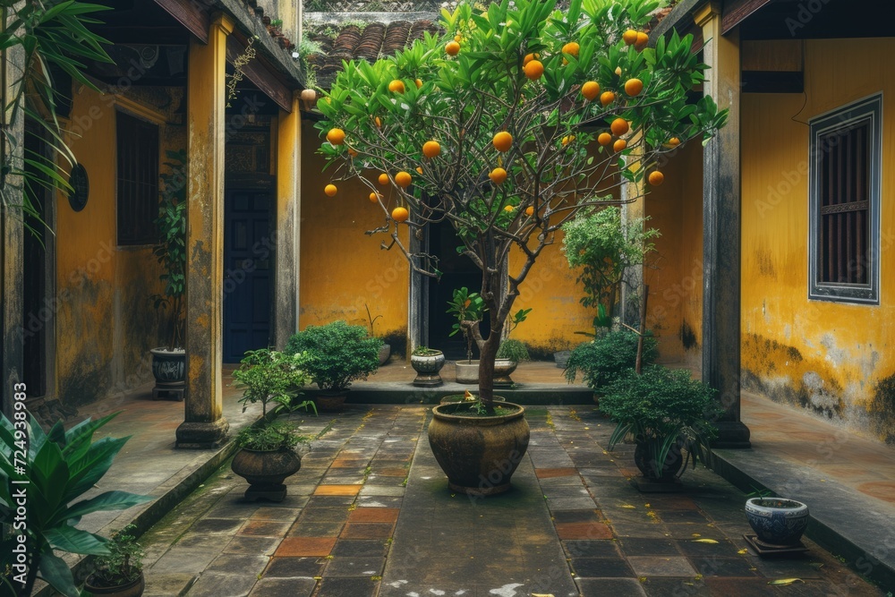 Traditional Vietnamese courtyard house. Tet Holiday, Vietnamese New Year. Kumquat tree. Symbol of wealth in Asia. Lunar New Year. Life of the Vietnamese.