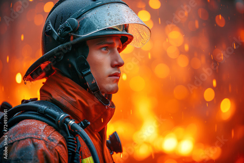 Young firefighter in gear against blazing fire. Side view, copy space.