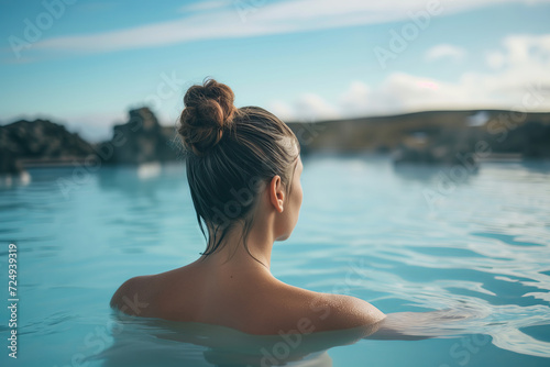 Young woman enjoying spa in hot springs in Iceland. Beautiful girl having fun in thermal bath on a backdrop of scenic Icelandic nature.