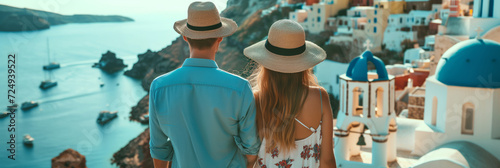 Back view of beautiful young couple admiring scenery while visiting small southern European town on sunny summer day. Banner with young man and woman travelling. photo