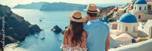 Back view of beautiful young couple admiring scenery while visiting small southern European town on sunny summer day. Banner with young man and woman travelling. photo
