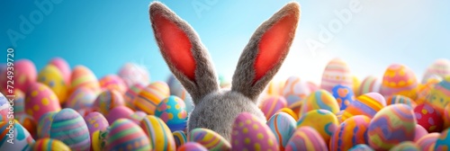 A funny Easter bunny with long ears sitting between easter eggs photo