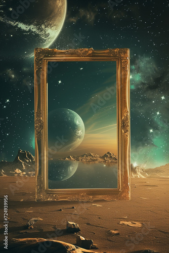 An antique gold ornate frame sitting in outer space, showing a fantasy scene with planets, stars and asteroids. photo