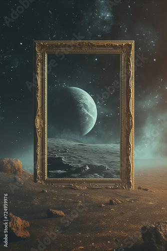 An antique gold ornate frame sitting in outer space, showing a fantasy scene with planets, stars and asteroids. photo