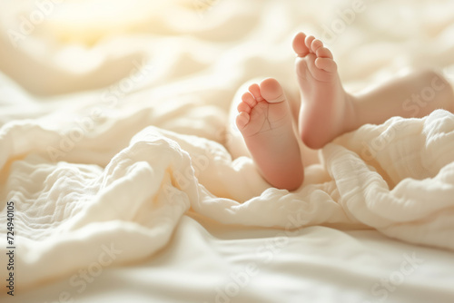 Newborn baby feet on knitted white blanket on sunny morning.
