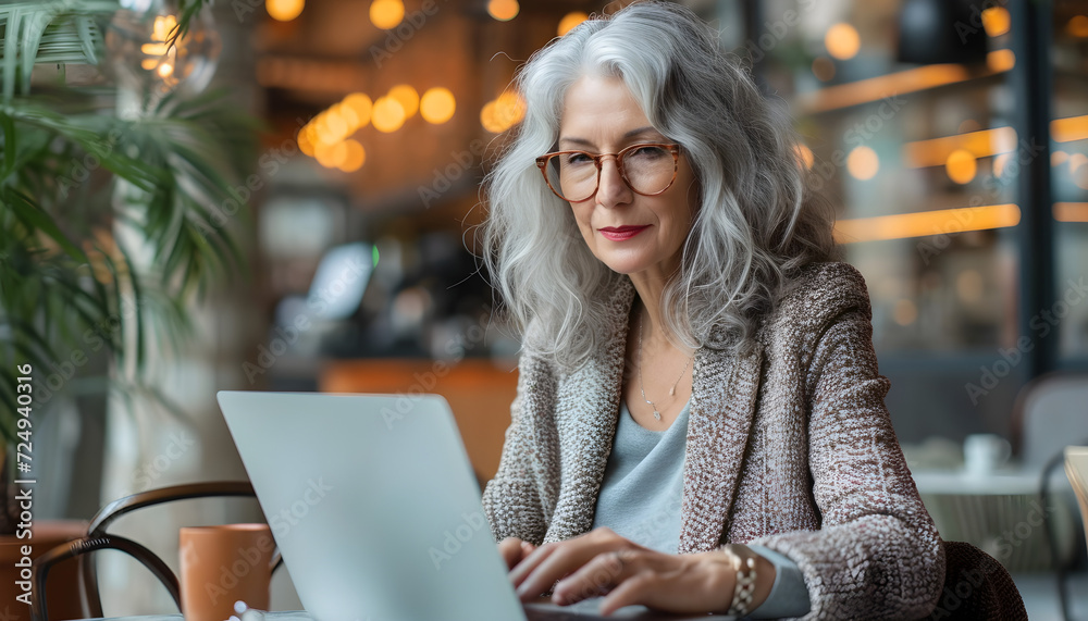An older woman in her 50s with grey hair is working on a laptop ...