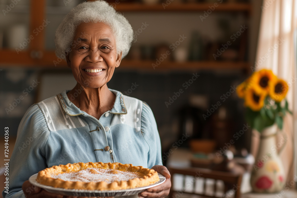 Happy cheerful senior woman holding freshly baked pie on her sunny kitchen. Grandma baking desserts for her grandchildren. - obrazy, fototapety, plakaty 