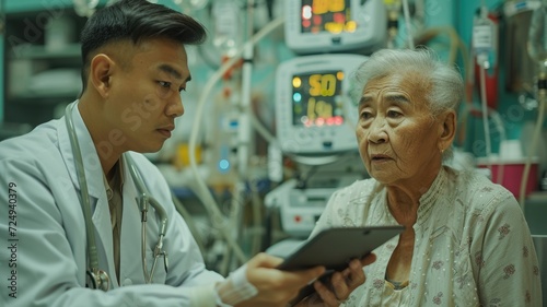 During a visit to a hospital, a doctor holding a tablet talks with a male Dialysis patient