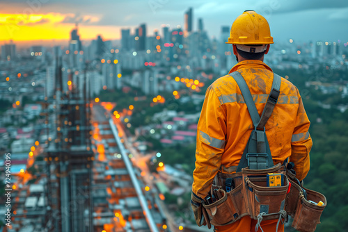 Construction worker at high-rise site overlooking a city panorama