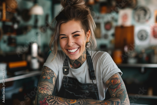 Cheerful young tattoo artist with tattooed hands posing in tattoo studio. photo