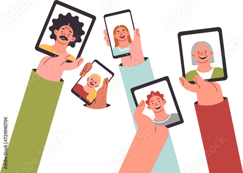 Electronic gadgets in hands people with photographs of men and women of different ages, for concept video calls to family members. Digital gadgets for online communication with relatives or friends.