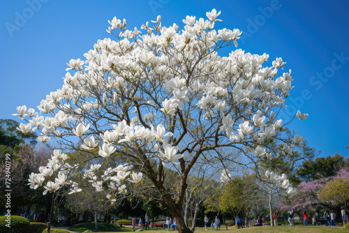 magnolia tree in full bloom in a park, its white flowers standing out against the clear blue sky