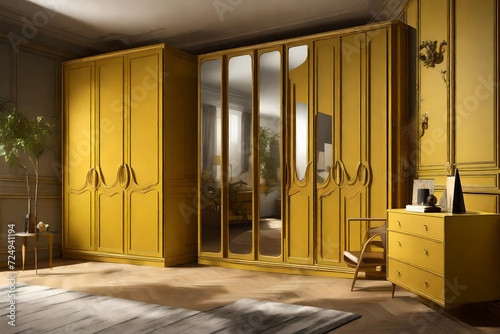 Retro 70s Groove Master Bedroom Wardrobe  Vray Style  Neoclassical Simplicity  Contrasting Light and Shadow  Helene Knoop  Wood  Mustard Yellow  Classic Modern
