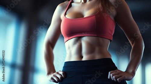 Female muscular torso in sportswear. Advertising banner layout for a gym or fitness trainer.