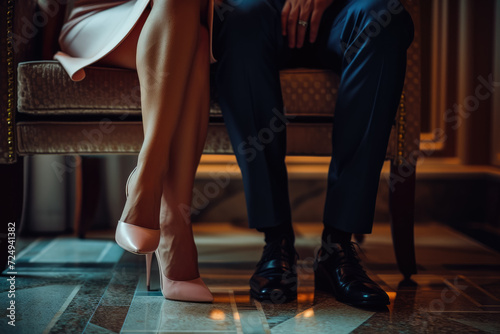 couple with a formal clothes and a heels and a professional overlay on the hotel