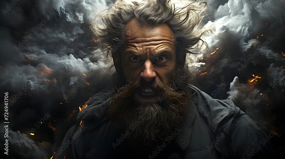 portrait of a brutal bearded man against a background of fire and smoke portrait of a brutal bearded man against a background of fire and smoke