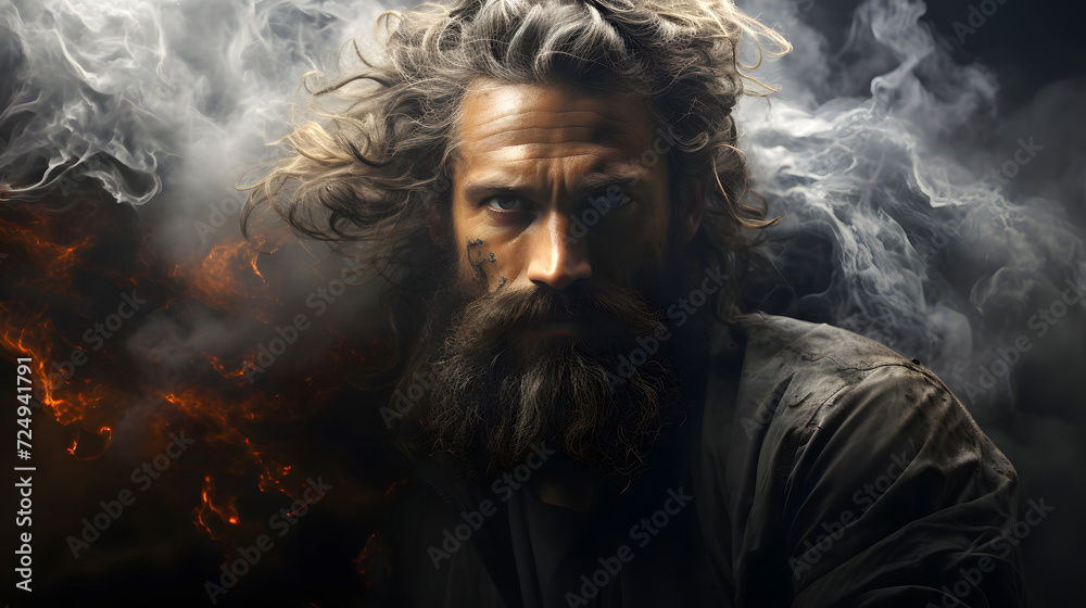 portrait of a brutal bearded man against a background of fire and smoke portrait of a brutal bearded man against a background of fire and smoke