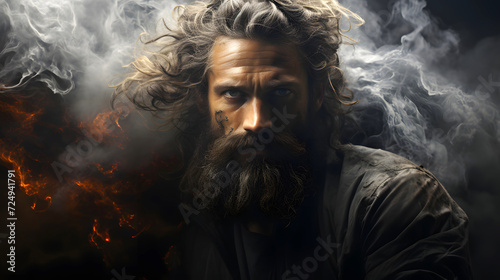 portrait of a brutal bearded man against a background of fire and smoke