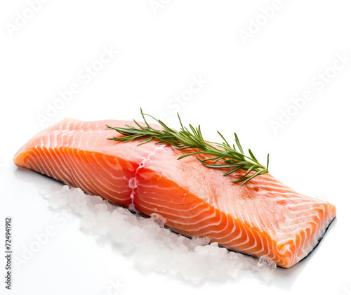Fresh piece of trout or salmon with ice on a white background.