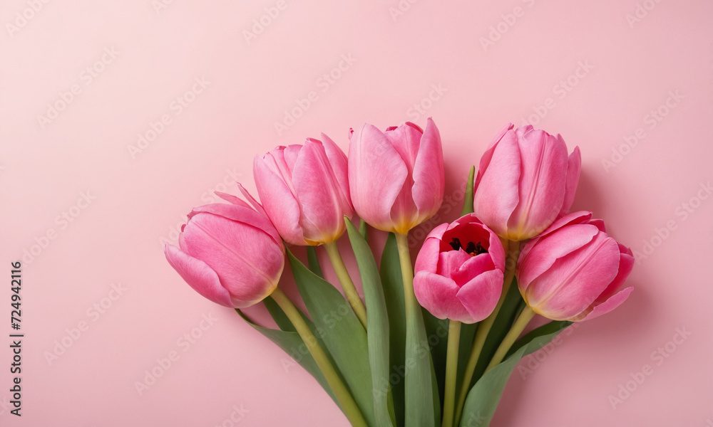 Beautiful composition spring flowers. Bouquet of pink tulips flowers on pastel pink background. Valentine's Day, Easter, Birthday, Happy Women's Day, Mother's Day