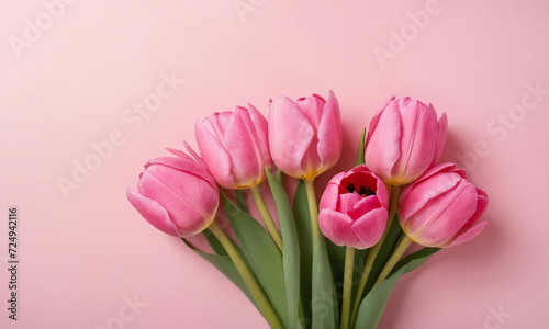 Beautiful composition spring flowers. Bouquet of pink tulips flowers on pastel pink background. Valentine's Day, Easter, Birthday, Happy Women's Day, Mother's Day © MegaAI