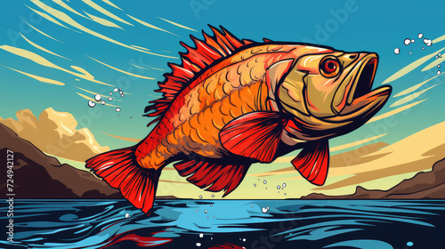 A simple illustration of a wild red snapper jumping out of the water. photo