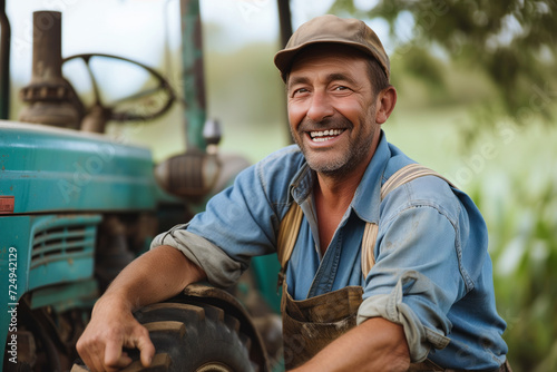 Smiling farmer in front of tractor in field. Agriculture concept. © MNStudio