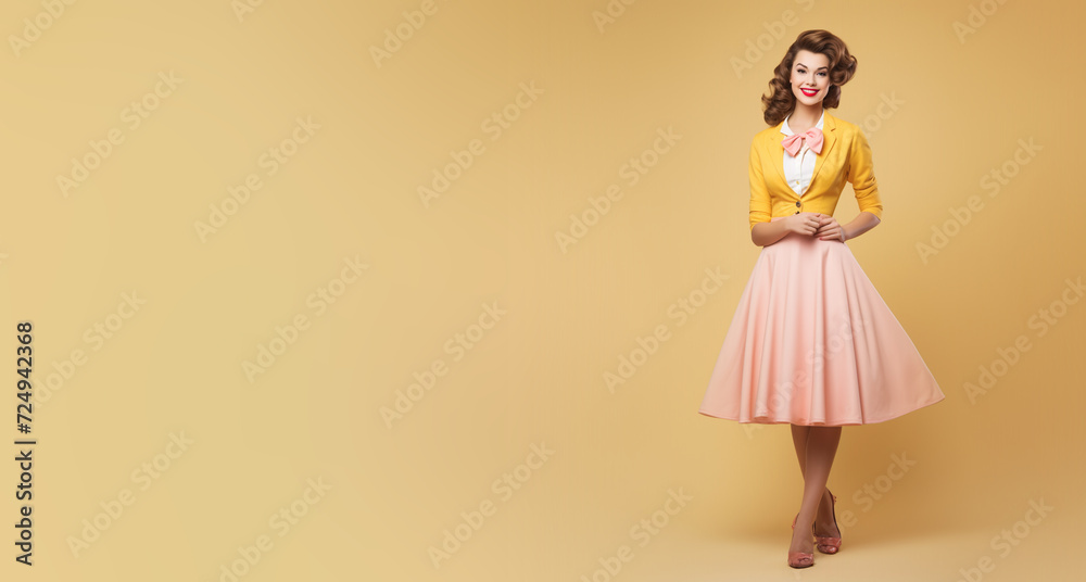 Illustration of young beautiful cheerful woman. Wide banner with place for text. Retro fashion pin-up style. Poster, invitation, flyer, banner, email, header. Generative Ai content