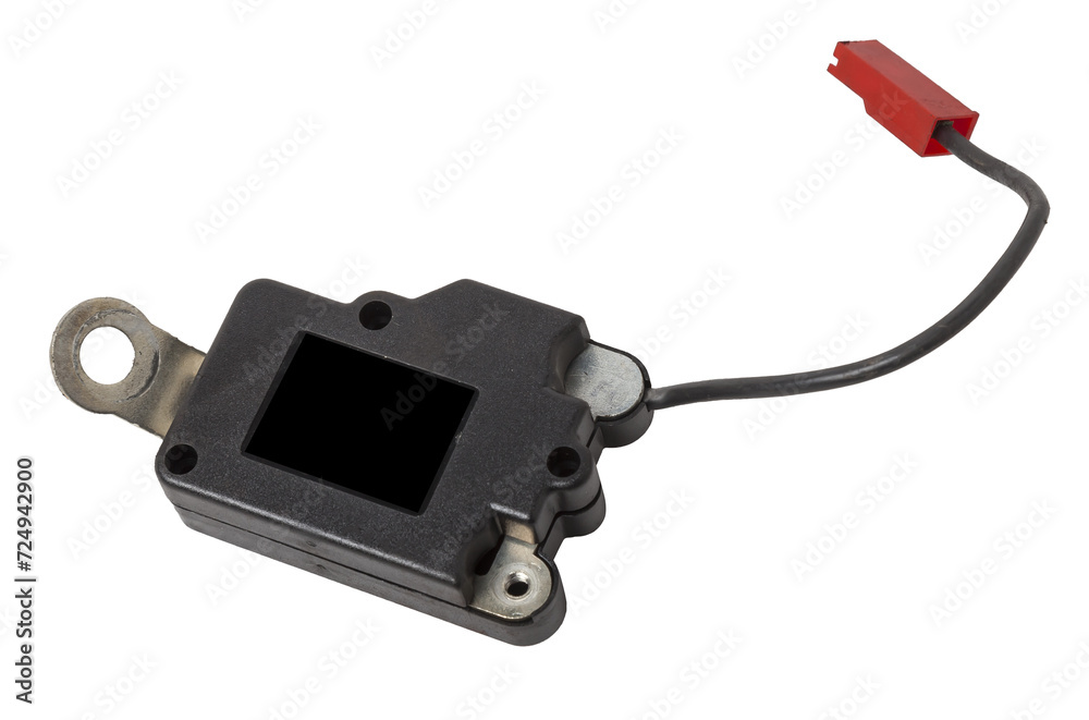 A spare part for a plastic car engine control unit in black with red elements on a white isolated background is a connecting center of subsystems, components and assemblies. Electronic ignition unit