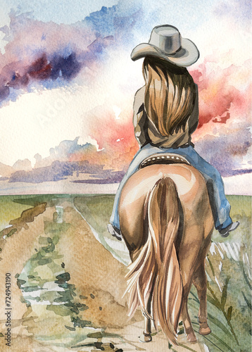Watercolor hand painted cowgirl and horse on a beautiful lamdscape. Wild West design. Ranch concept illustration. Woman and horse painting.