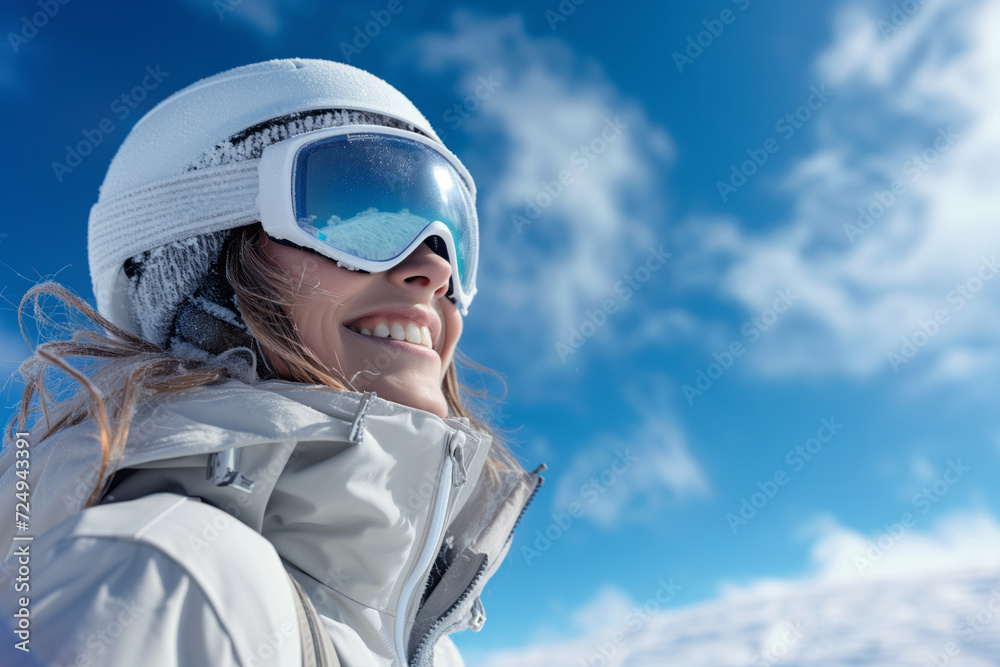 Happy young woman skiing in the Alps mountains. Female skier enjoying ski vacation in alpine resort. Healthy winter sport for every age. Happy young woman skiing in the Alps mountains. Female skier enjoying ski vacation in alpine resort. Healthy winter sport for every age.