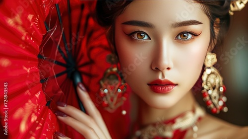 A Beautiful Chinese or Japanese Woman Revealing her Face While Gracefully Holding a Red Fan, Enjoying a Festival During the Holiday