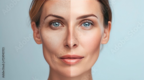 Young Woman with Skin Issues and Clear Skin, Illustrating Aging and Youth Concept with a Focus on Beauty Treatment. Medical Health Care Concept.