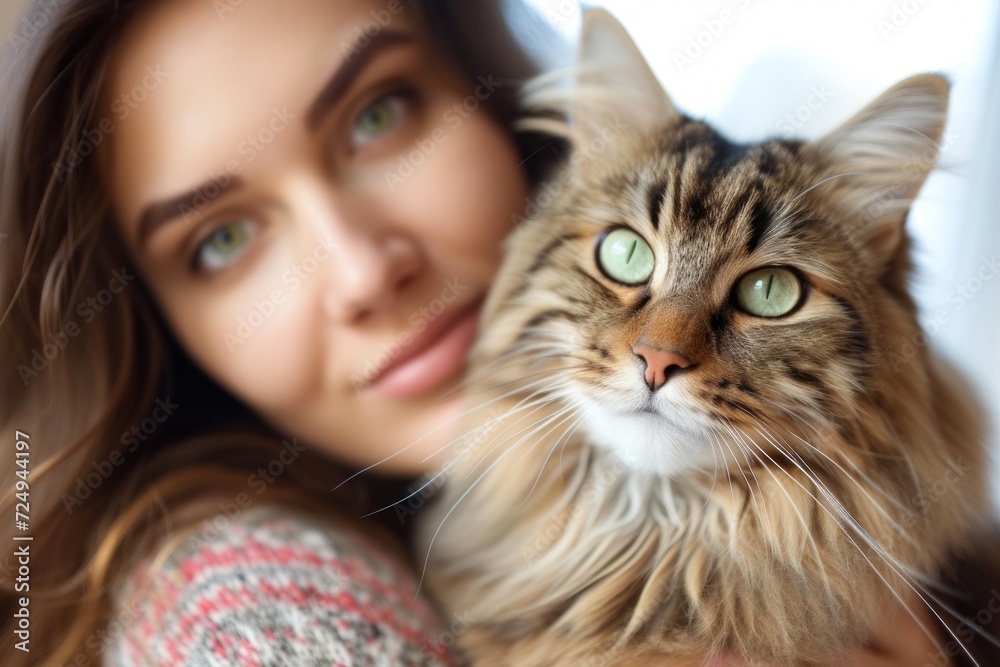 A young woman is holding a cat in her arms. The cat is looking at the camera.