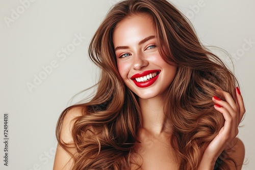 Beautiful young woman with long brown hair smiling