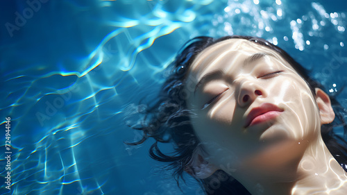 Beautiful woman is in a clear and clean blue swimming pool. She closed her eyes and relaxed. The sun shines on her She is enjoying the summer vacation. This image represents happiness and relaxation.