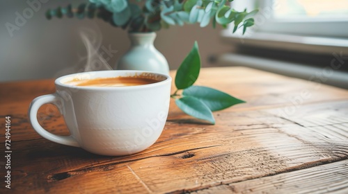 White ceramic cup of coffee on a wooden table near a small vase with eucalyptus leaves