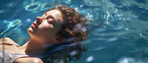 Beautiful woman is in a clear and clean blue swimming pool. She closed her eyes and relaxed. The sun shines on her She is enjoying the summer vacation. This image represents happiness and relaxation. © Chanawat