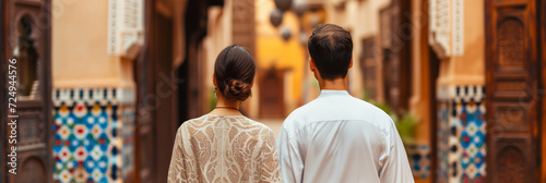 Back view of beautiful young couple admiring scenery while visiting Moroccan town on sunny summer day. Banner with young man and woman travelling. photo